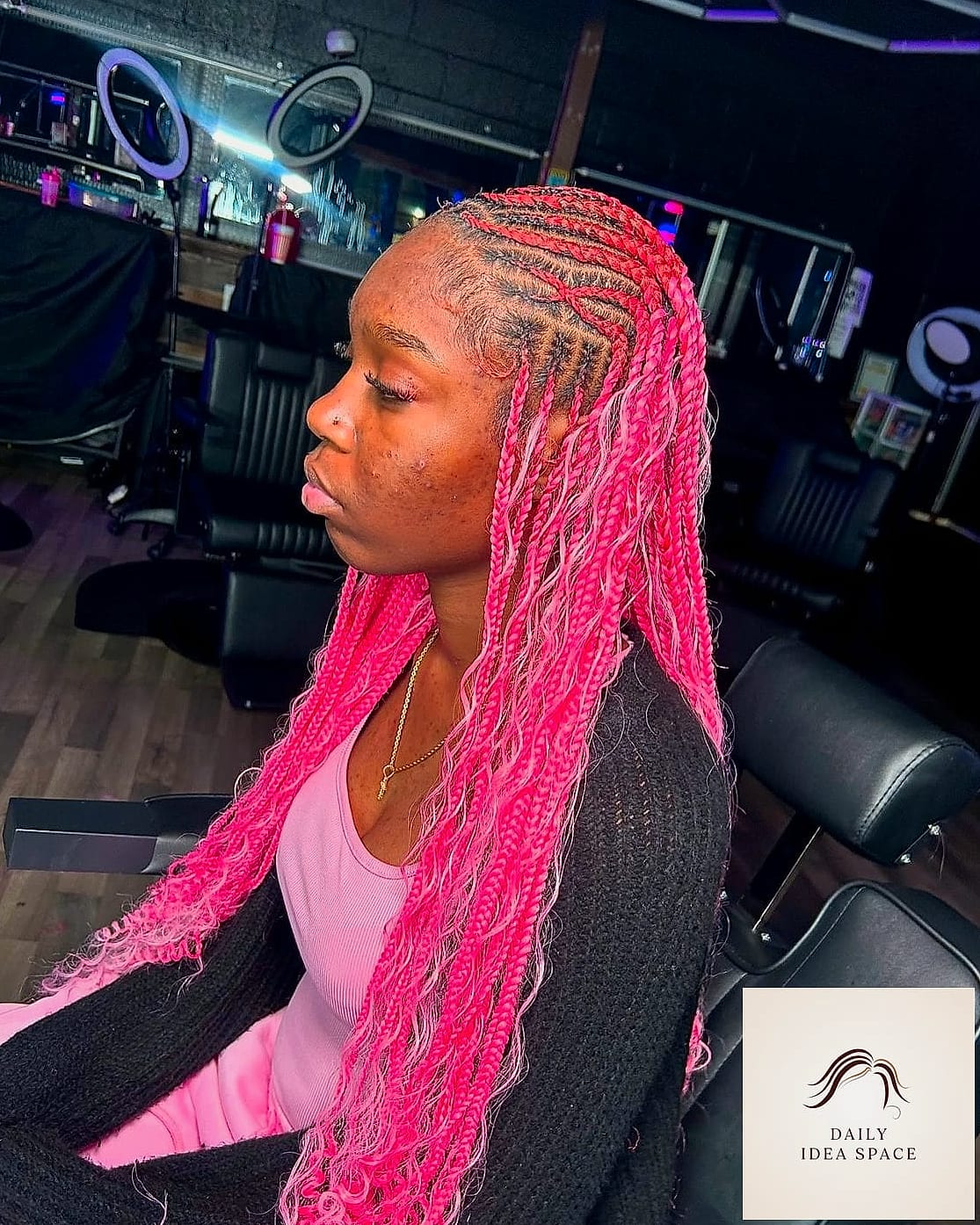 Black Boho Braids with Pink Peekaboo Strands