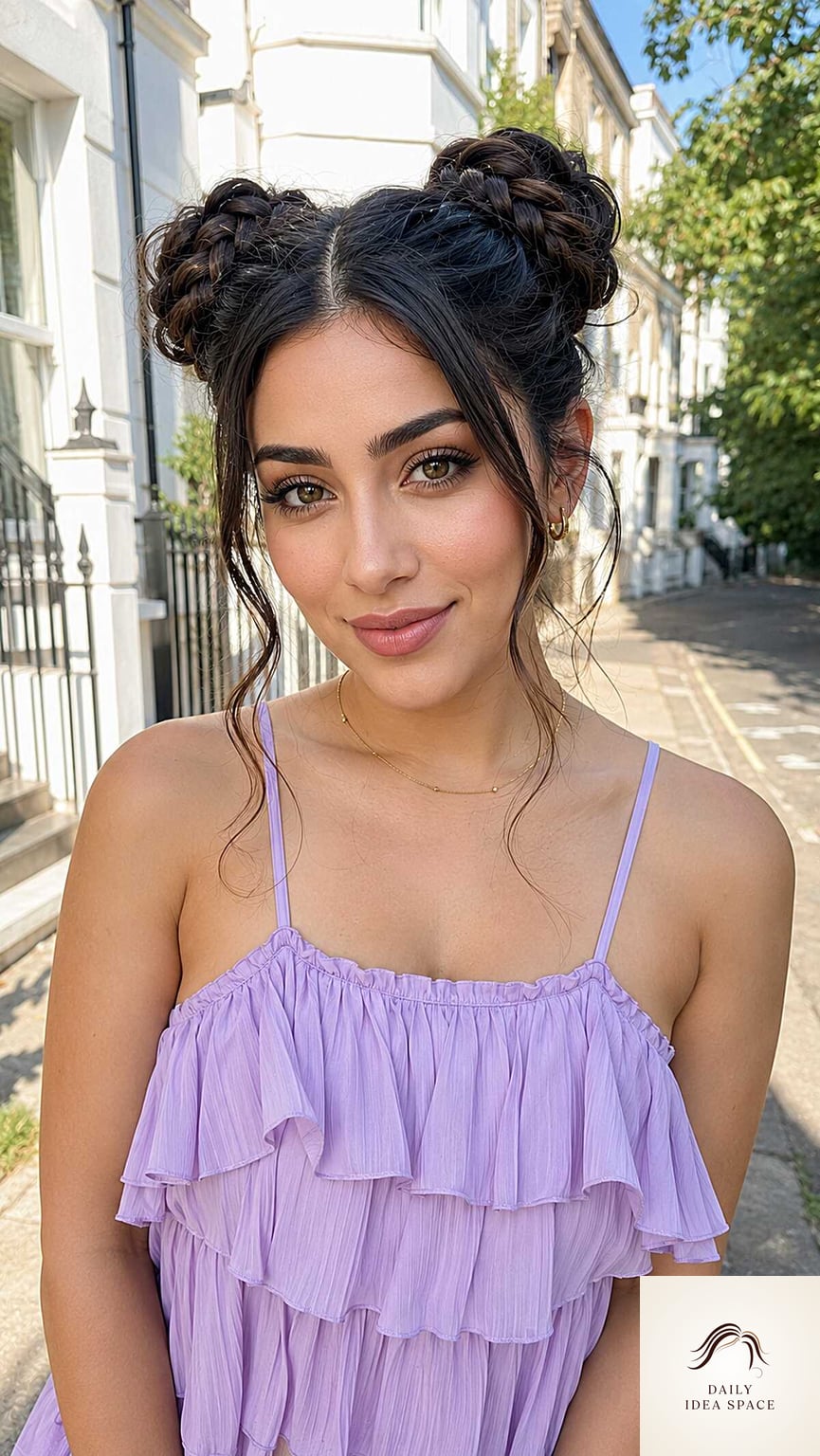 Braided Double Buns with Wispy Face Framing