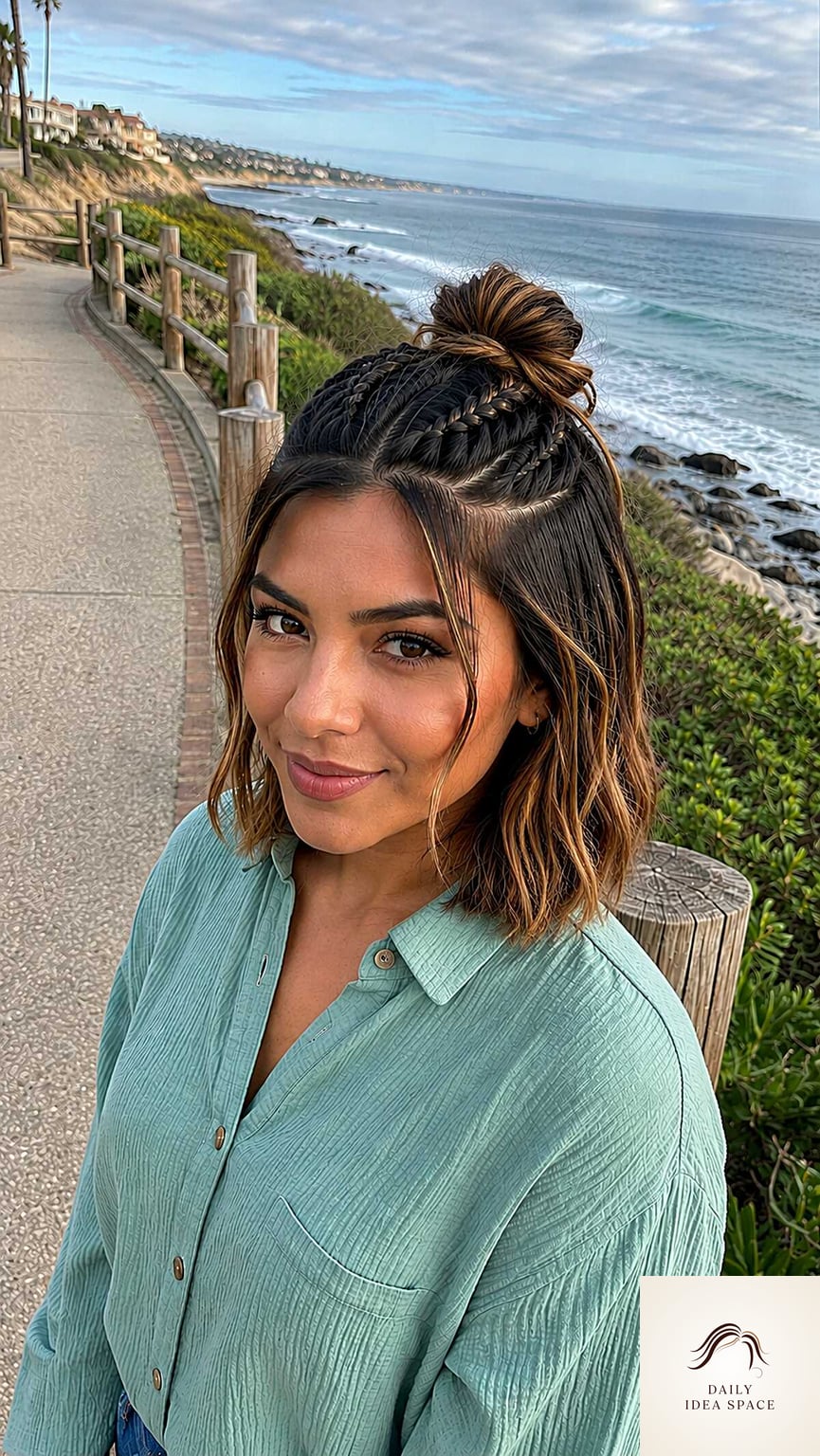 Braided Half-Up Top Knot on a Warm Coastal Day