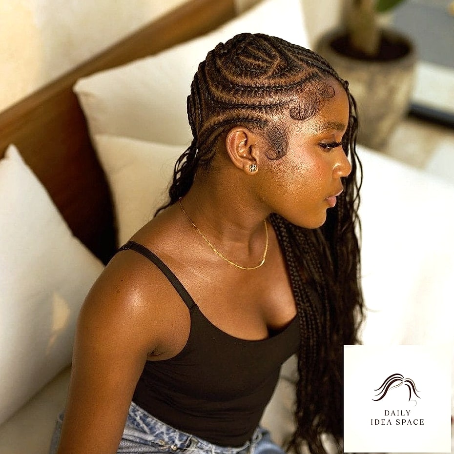 Feed-In Braids with Curved Cornrow Parts