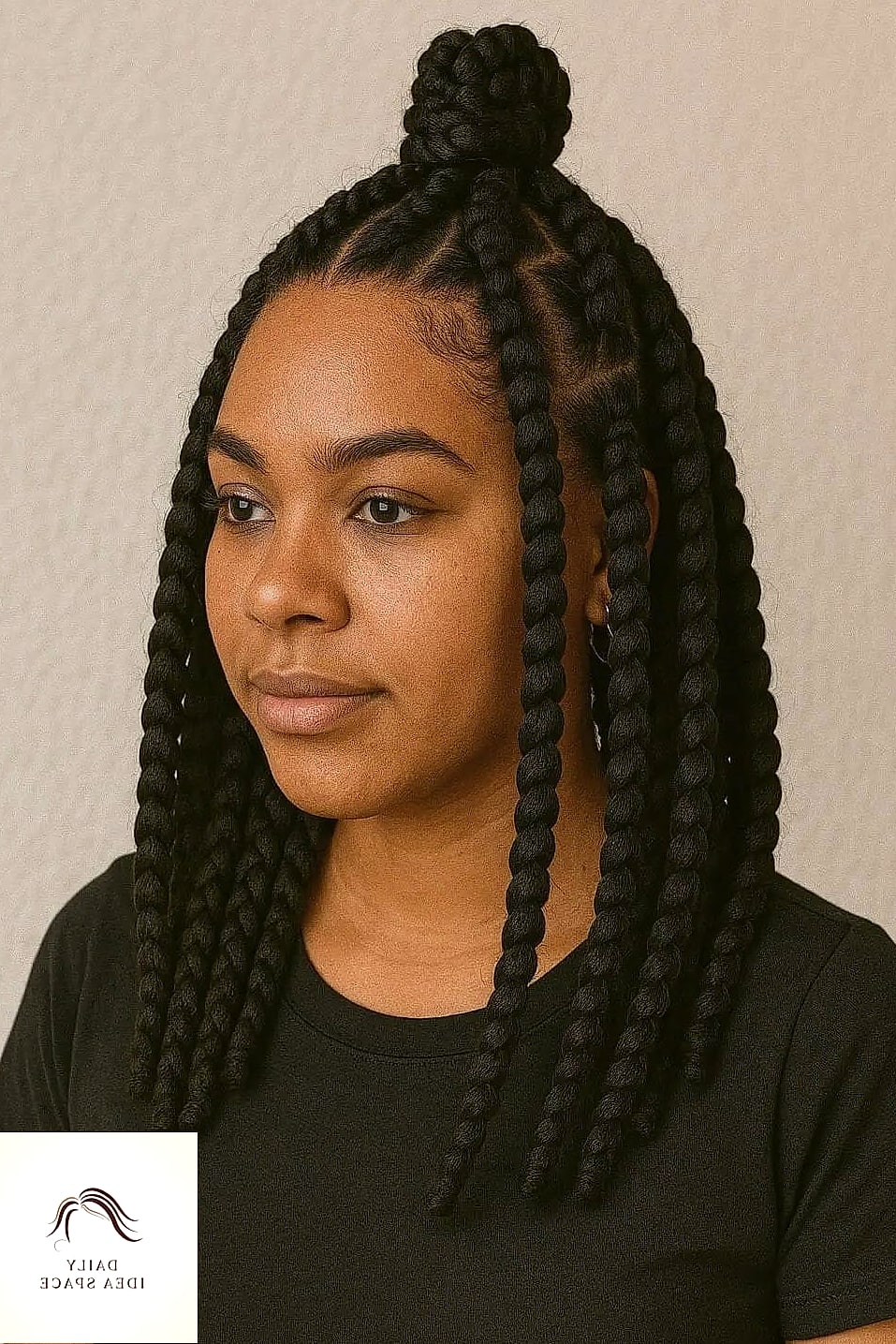 28 Jumbo Box Braids Looks You'll Want to Screenshot Immediately 26 Jumbo Braids Half-Up with Twisted Crown