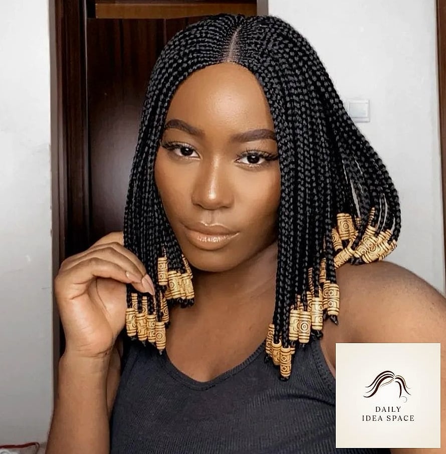 Middle-Parted Stitch Braids with Beads