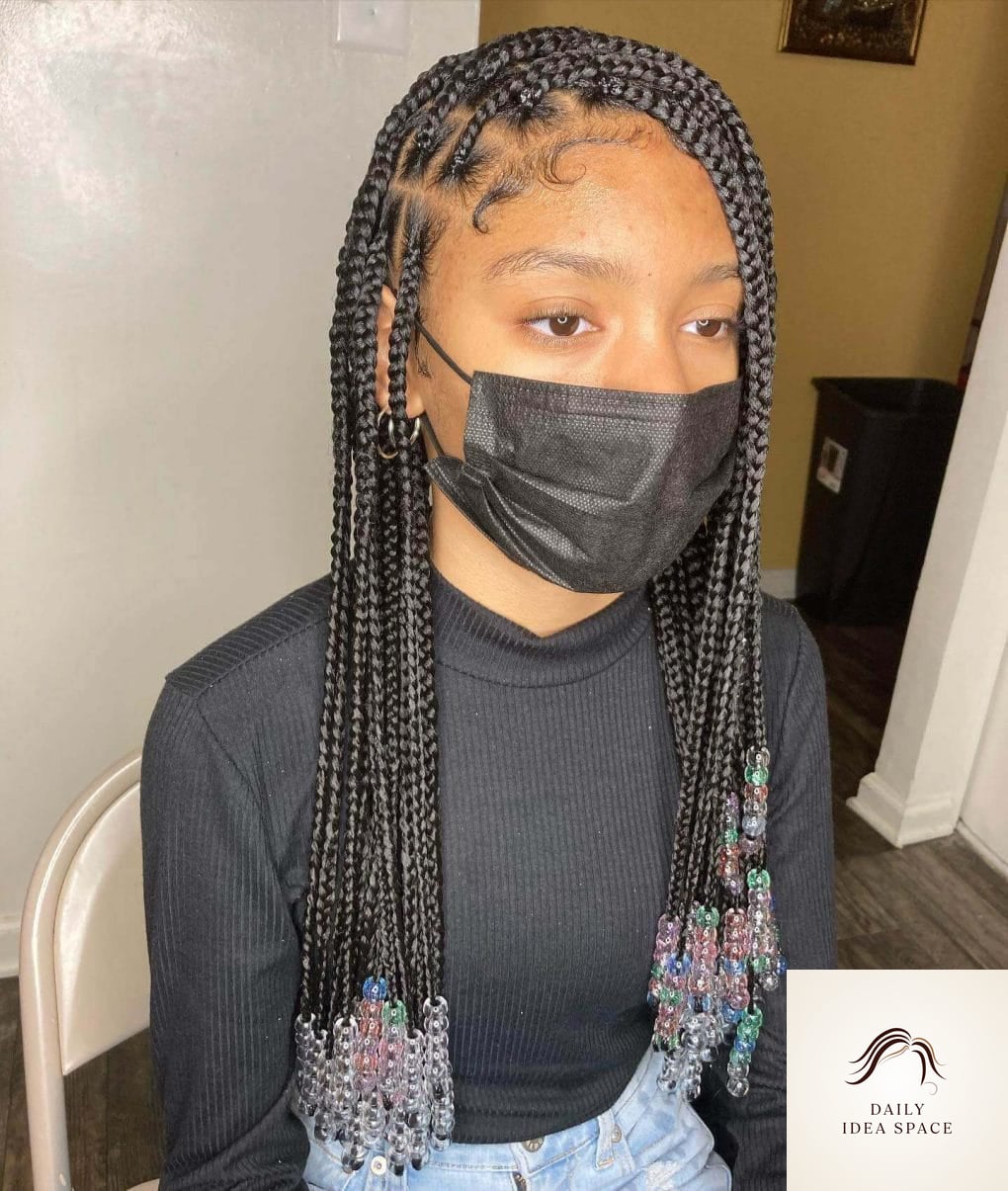 30 Braid Hairstyles For Black Women Ideas You Need to Try Next 3 Playful Transparent and Colored Beads on Sleek Black Braids