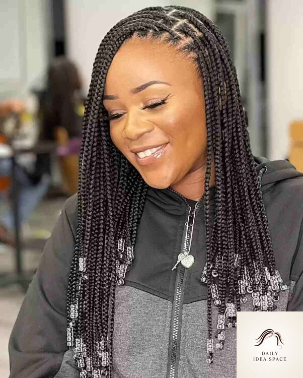 20 Braids Ideas That Are Breathtakingly Beautiful 17 Side-Swept Box Braids with Beads