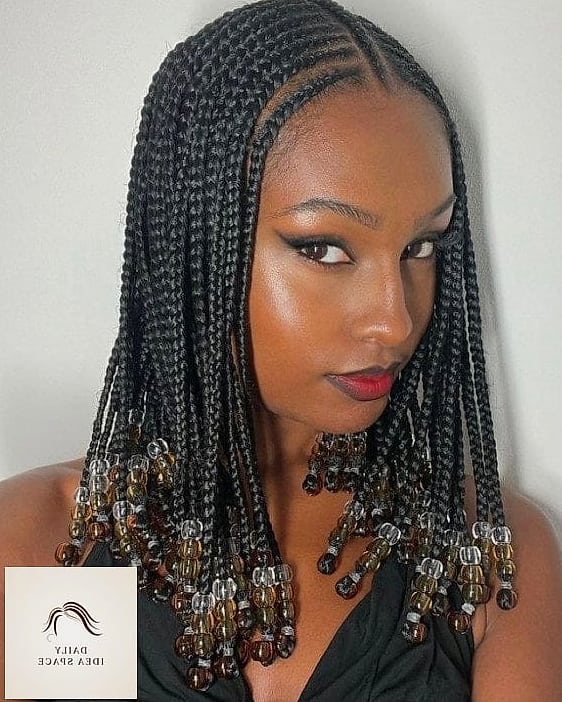 Stylish Medium Length Knotless Braids with Beads