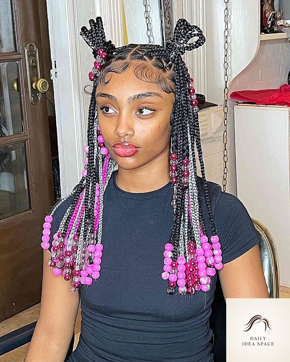 20 Braids Ideas That Are Breathtakingly Beautiful 9 Triangle Knotless Braids with Pink Beads