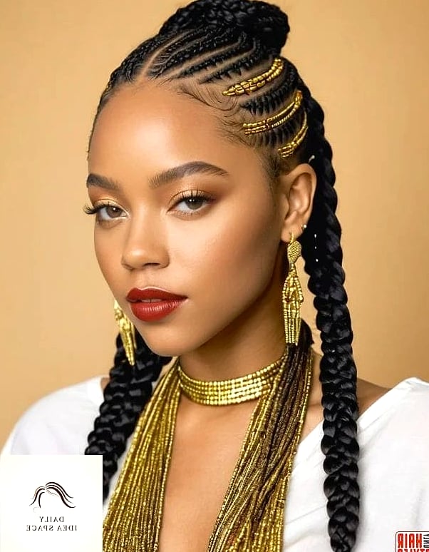 Two-Tone Braids with Gold Cuff Beads